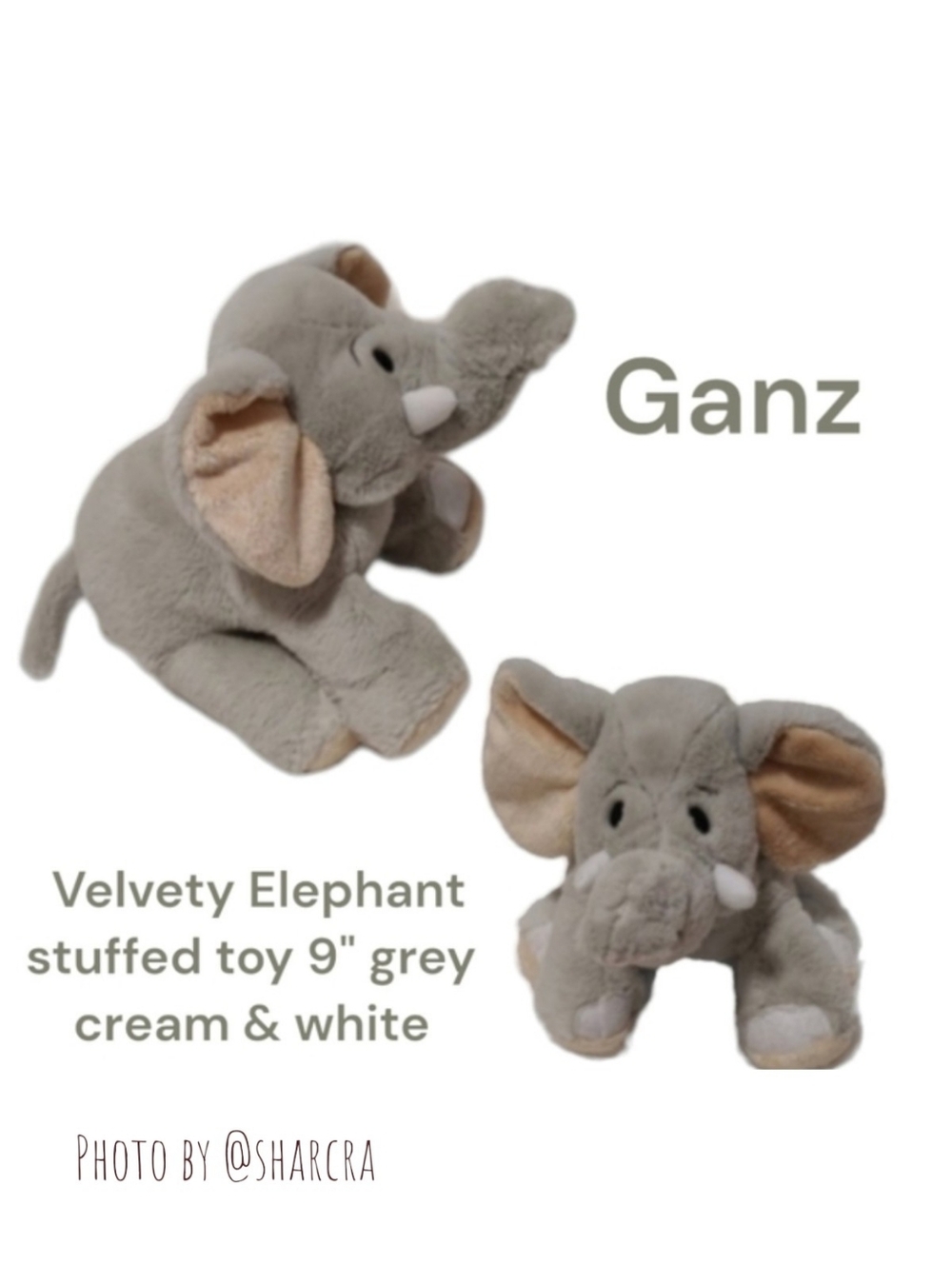 Ganz Velvety Elephant HM167 Kids stuffed toy 9" grey cream white Plushie Toy
